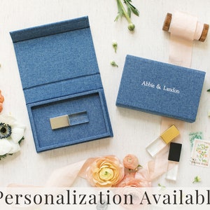 FRENCH BLUE Linen Box | USB Box | Sized for Crystal with Metal Cap | Flash Drive Packaging | Photographer Gifts for Clients