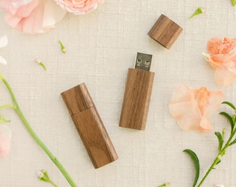 Memoria USB 3.0 de madera de nogal de alta velocidad / Corte redondo con tapa / Memoria USB para bodas / 8 GB / 16 GB / 32 GB / 64 GB / Grabada