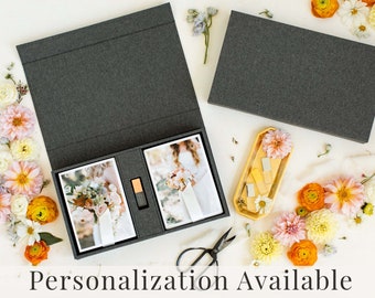 CHARCOAL Linen Box | 5x7 Double Photo and USB Box | Off-White Ribbon | Proof Print Packaging | Photographer Gifts for Clients