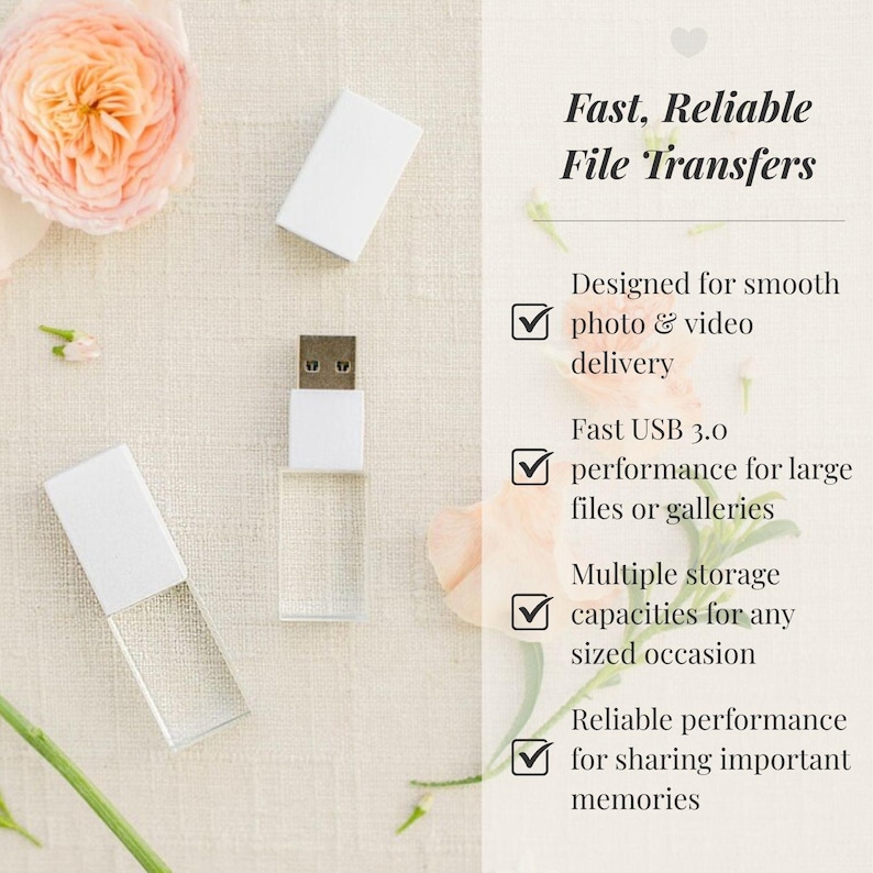 WHITE and Crystal USB 3.0 High Speed | Wedding Flash Drive | 8GB | 16GB | 32GB | 64GB | 128GB | Engraved Bild 2