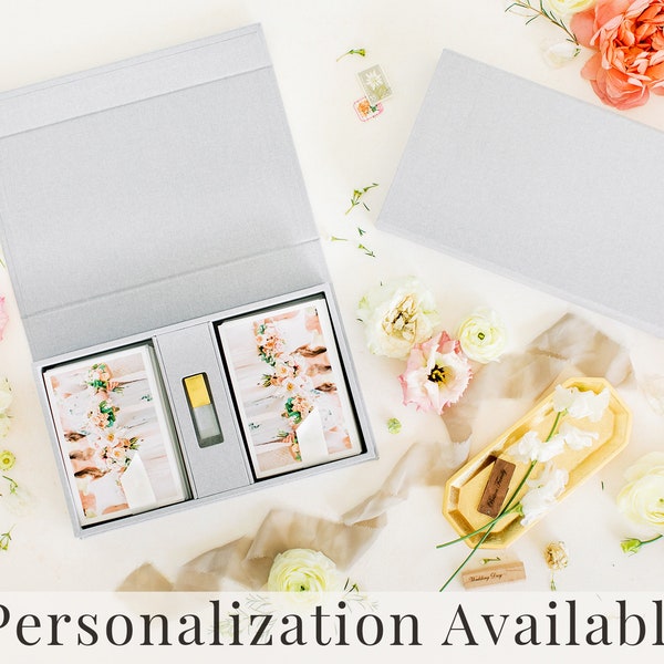 HEATHER GREY Linen Box | 4x6 Double Photo and USB Box | Off-White Ribbon | Proof Print Packaging | Photographer Gifts for Clients