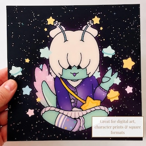 May include: A square art print featuring a light green creature with white hair, antennae topped with yellow stars, and a purple cardigan. The character sits against a dark starry background with floating stars and text: Great for digital art, character prints & square formats.