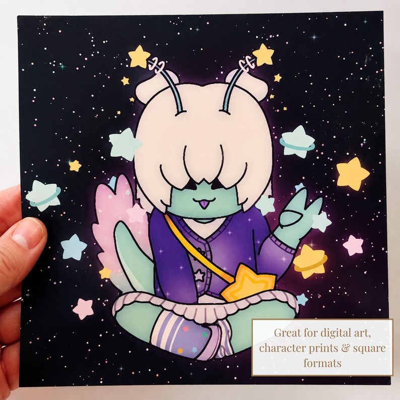 May include: A square art print featuring a light green creature with white hair, antennae topped with yellow stars, and a purple cardigan. The character sits against a dark starry background with floating stars and text: Great for digital art, character prints & square formats.