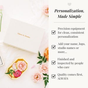May include: A rectangular white box with the gold text Rebecca & Sebastian, accompanied by a gold hexagonal tray containing pink and red flowers. The text reads Personalization, Made Simple, with checkmarks next to service descriptions.