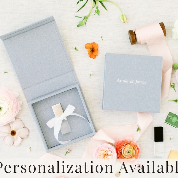 HEATHER GREY Linen Box | USB Box | Off-White Ribbons | Flash Drive Packaging | Photographer Gifts for Clients