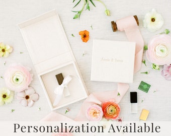 CREAM Linen Box | USB Box | Off-White Ribbons | Flash Drive Packaging | Photographer Gifts for Clients