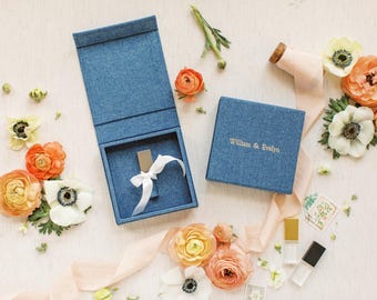 Caja de lino azul francés / Caja USB / Cintas blanquecinas / Embalaje para memorias USB / Regalos para clientes de fotógrafos