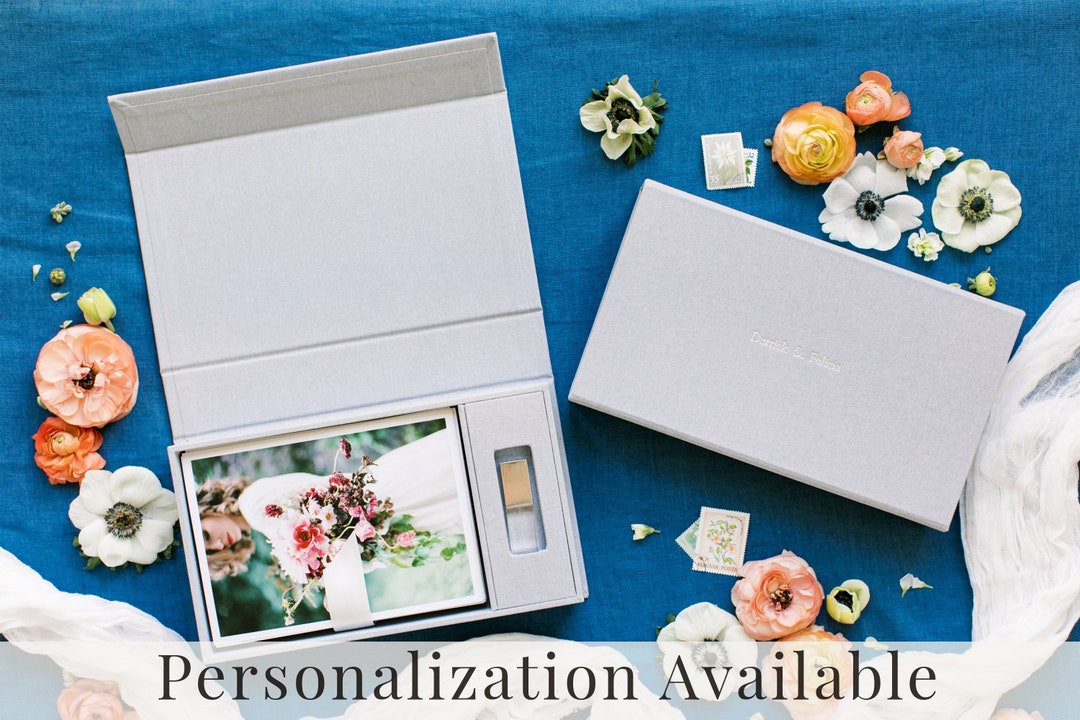 HEATHER GREY Linen Box 5x7 Photo and USB Box Offwhite Ribbon Proof