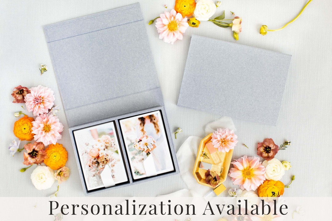 HEATHER GREY Linen Box 4x6 Double Photo Box Offwhite Ribbon Proof