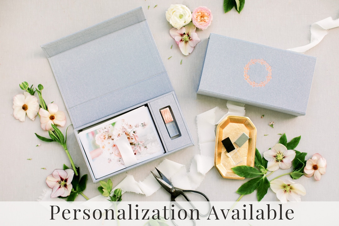 HEATHER GREY Linen Box 4x6 Photo and USB Box Offwhite Ribbon Proof
