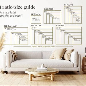 May include: A print ratio and size guide chart featuring various dimensions in inches and centimeters, displayed above a light gray sofa. The text includes Print ratio/size guide, we can print any size you want, and Sofa is 90 in (228.6) cm wide.