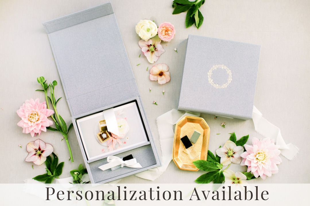 HEATHER GREY Linen Box 4x6 Photo and USB Box Offwhite Ribbons Proof