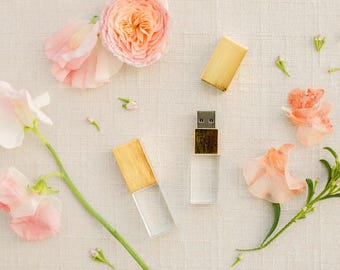 Personalized BRUSHED GOLD and Crystal USB 3.0 High Speed | Wedding Flash Drive | 4GB | 8GB | 16GB | 32GB | 64GB | 128GB| Engraved