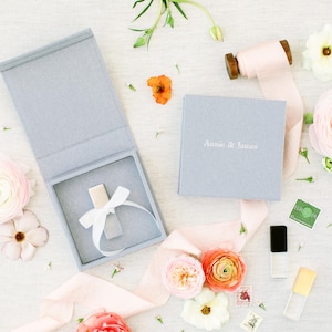 HEATHER GREY Linen Box | USB Box | Off-White Ribbons | Flash Drive Packaging | Photographer Gifts for Clients