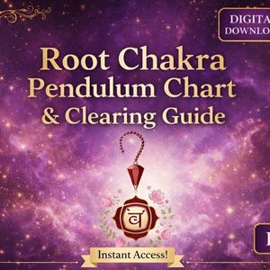 Op de afbeelding: Digitale download grafiek met een paarse galaxy achtergrond. De tekst luidt "Root Chakra Pendulum Chart & Clearing Guide". Een pendel illustratie hangt boven een chakra symbool. Inclusief "Instant Access!" en "PDF" labels.