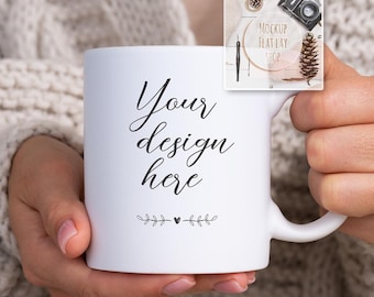 White Mug Mockup for Canva. Photo of woman in knitted sweater holding white mug. Coffee mug mock up, product mock up, Pod Ceramic Cup