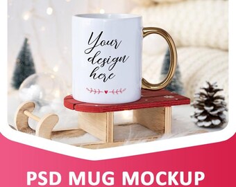 White mug with golden handle mockup, blank ceramic coffee mug mock up 11 oz, Christmas mug mock up PSD with smart object + JPG
