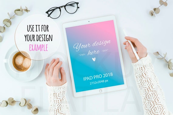 Download Ipad Pro Mockup Top View White Desktop Woman Hold Tablet S Etsy