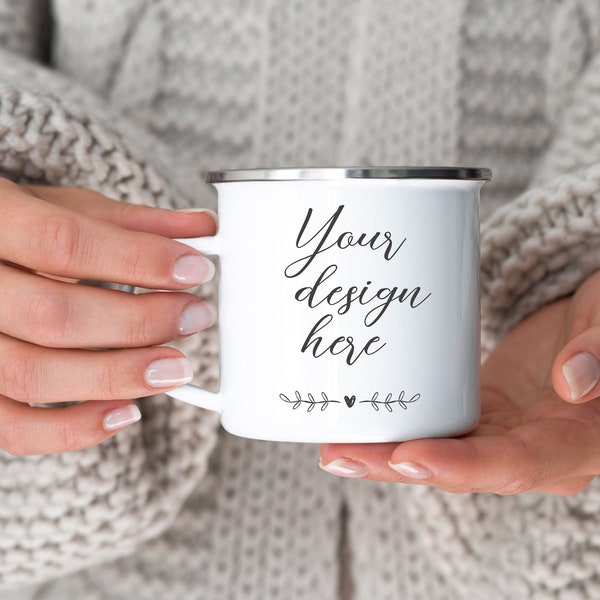 Mug Mockup, Enamel mug with silver rim mockup, blank mug, mock ups, coffee mug mock up, mug mockups, white cup mock up 10 oz