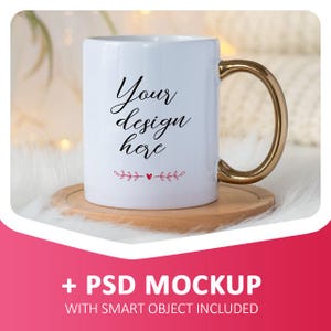 Winter white mug with golden handle mockup, blank ceramic mug, coffee mug mock up, white cup mock up with PSD smart object