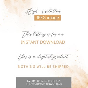 Op de afbeelding: Tekst overlay op een aquarel achtergrond met de woorden "Hoge resolutie JPEG-afbeelding", "Deze listing is voor een DIRECTE DOWNLOAD", "Dit is een digitaal product", "NIETS WORDT VERZONDEN" en "ELK ITEM IN MIJN WINKEL IS EEN DIRECTE DOWNLOAD".