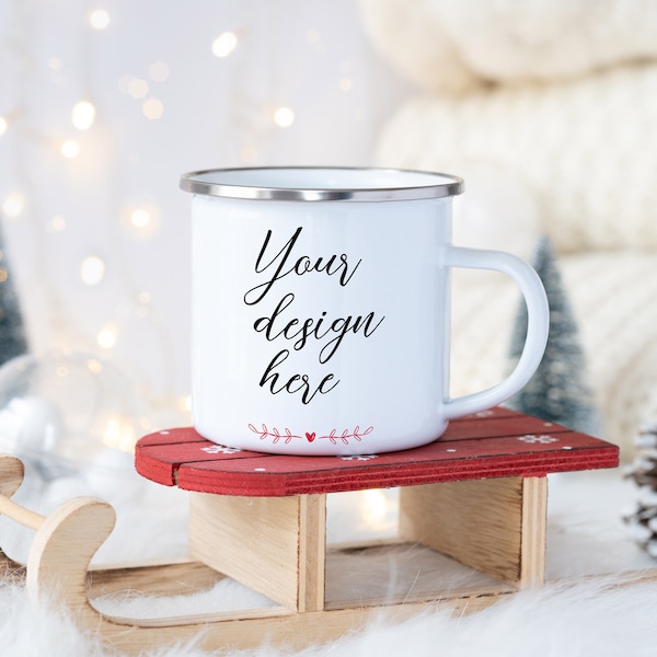 Enamel Mug with silver rim Christmas mockup, blank mug, coffee mug mock up, Camping mug mockups, white cup 10 oz with PSD smart object