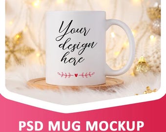 Christmas Mug mockup, blank mug, coffee mug mock up, mug mockups, cozy winter mug, white cup mock up 11 oz with PSD smart object