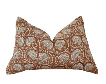 Block print linen pillow. Rusty floral pillow, lumbar pillow cover . 12x20”14x20”