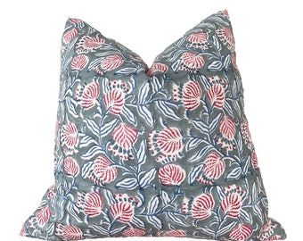 Hand block printed floral pillow cover, gray and pink floral pillow cover, 18x18”20x20”