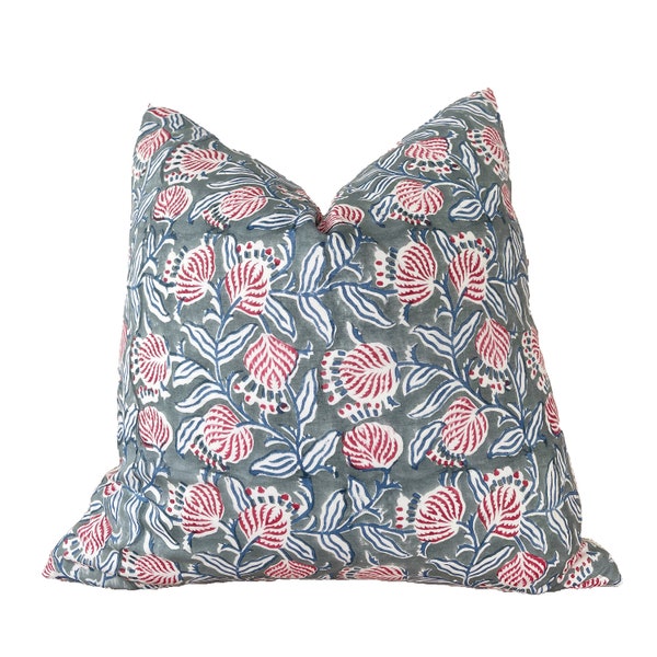 Hand block printed floral pillow cover, gray and pink floral pillow cover, 18x18”20x20”