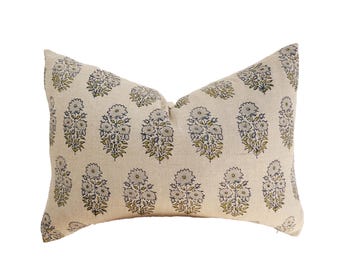 blue and green floral block print pillow cover. 12x20”14x20”