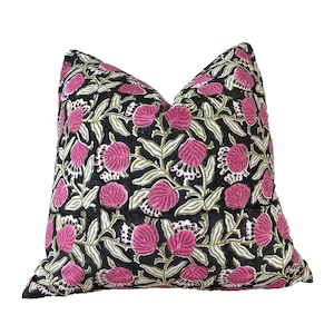 Hand block print pillow cover. Black / olive green/ pink floral pillow cover. 20x20”