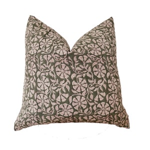 Hand Block print linen pillow ,green color floral pillow cover 20x20”ready to ship.