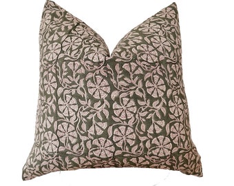 Hand Block print linen pillow ,green color floral pillow cover 20x20”ready to ship.