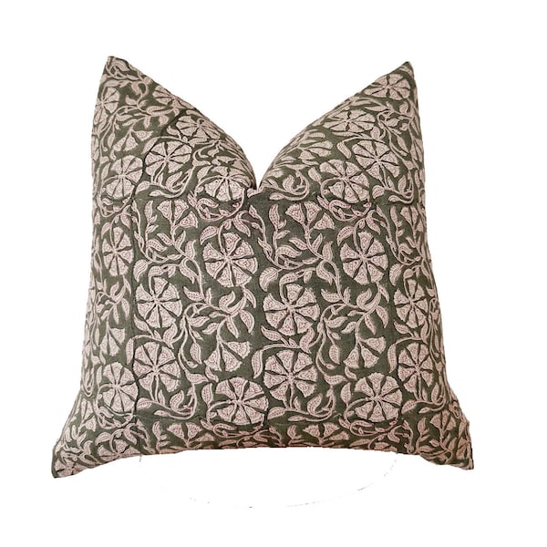Hand Block print linen pillow ,green color floral pillow cover 20x20”ready to ship.