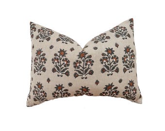 gray and rusty floral block print linen lumbar pillow cover. 12x20,14x20