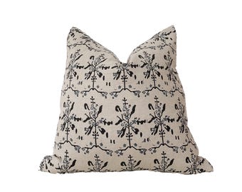 Block print pillow cover, indigo blue and black floral pillow cover 20x20”