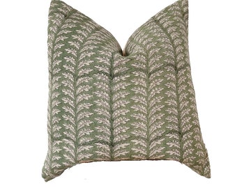 block print linen pillow, green and natural floral pillow cover 18x18”