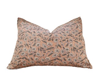 block print pillow cover, pink and gray color floral pillow cover 14x20”