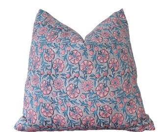 Hand block print pillow cover. Gray /pink/blue floral pillow cover.20x20”22x22”.24x24”