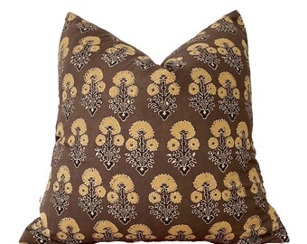 Hand block print pillow cover, brown and yellow floral pillow cover.20x20”