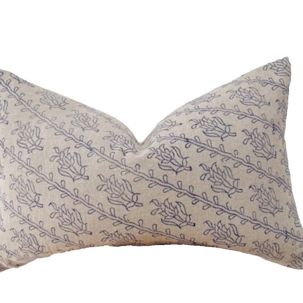 Block print linen , indigo blue and natural  floral lumbar pillow cover. both sides same, 20x20”