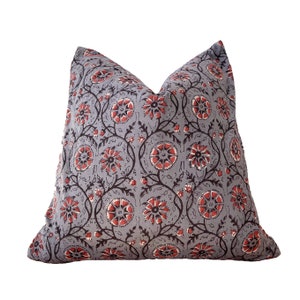 Hand block print pillow cover.gray / black/Rusty floral pillow cover 20x20”