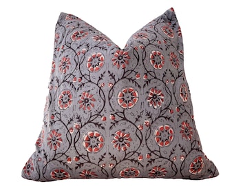 Hand block print pillow cover.gray / black/Rusty floral pillow cover 20x20”