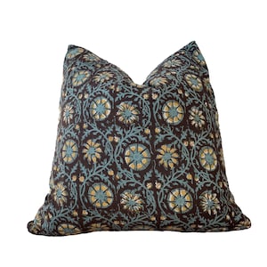 Hand block print pillow cover.black and antique blue /yellow floral pillow cover 20x20”
