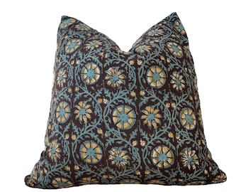 Hand block print pillow cover.black and antique blue /yellow floral pillow cover 20x20”