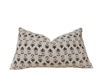 block print linen pillow. Gray  floral pillow cover,lumbar pillow cover 14x20”12x20”
