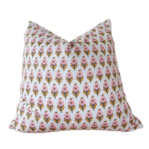 Hand block printed floral pillow cover, gray blue and pink floral pillow cover, 16x16”20x20”