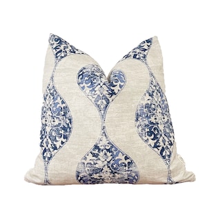 Indigo blue and beige floral pillow cover, double sides same