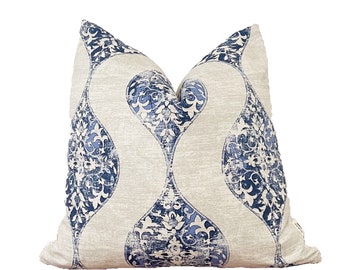 Indigo blue and beige floral pillow cover, double sides same